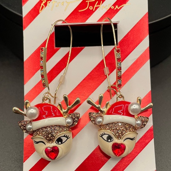 Betsey Johnson Jewelry - Betsey Johnson Red and Gold Winking Rudolph Reindeer Christmas Earrings